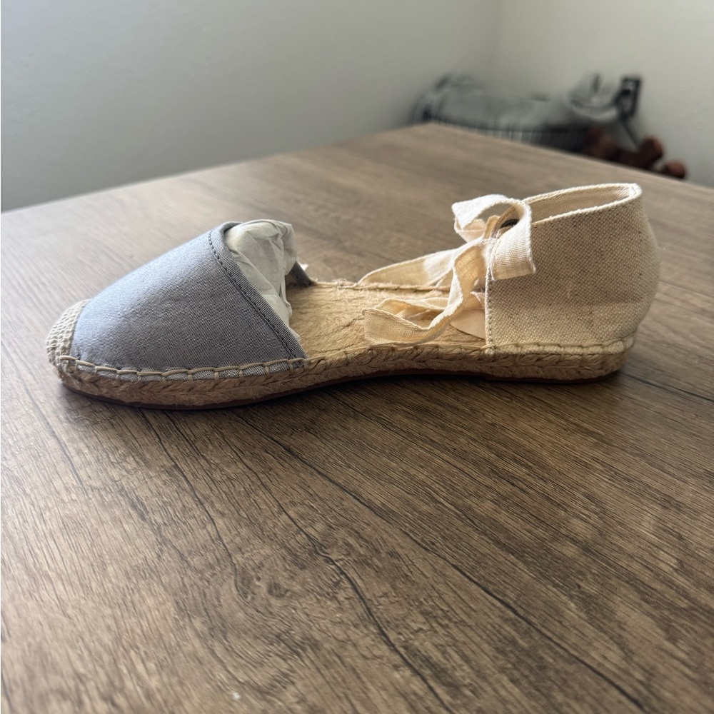 Hush Blue and Tan Espadrille ankle strap Flats